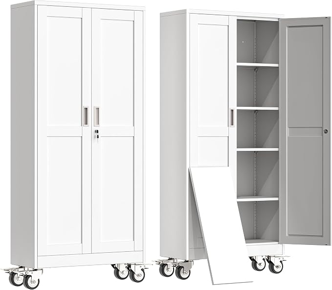 erosoei 71" H Metal Garage Storage Cabinet, Rolling Tool Cabinet with 2 Doors and Wheels, Locker Steel Cabinet with 4 Adjustable Shelves, Organization Cabinet for Garage,Office,Home,Gym,School（White）