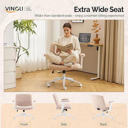 VINGLI Criss Cross Chair with Adjustable Flip-Up Arms,Cross Legged Chair with Wheels,Extra Wide Office Chair,Desk Chair for Home Office,Vanity,Bedroom, Apartment,Starry Chenille,Pink