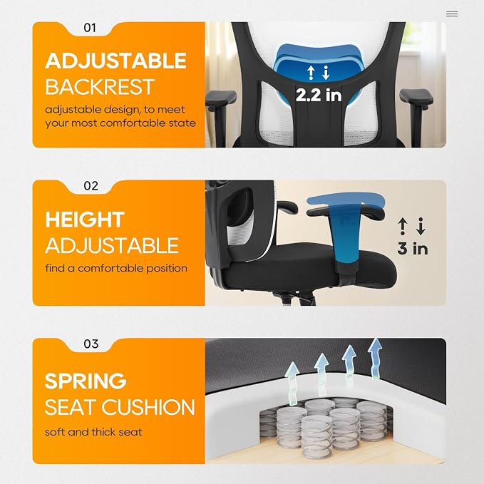 BestOffice Big and Tall Office Chair 400lbs Desk Chair Mesh Computer Chair with Lumbar Support Wide Seat Adjust Arms Rolling Swivel High Back Task Executive Ergonomic Chair for Home Office, White