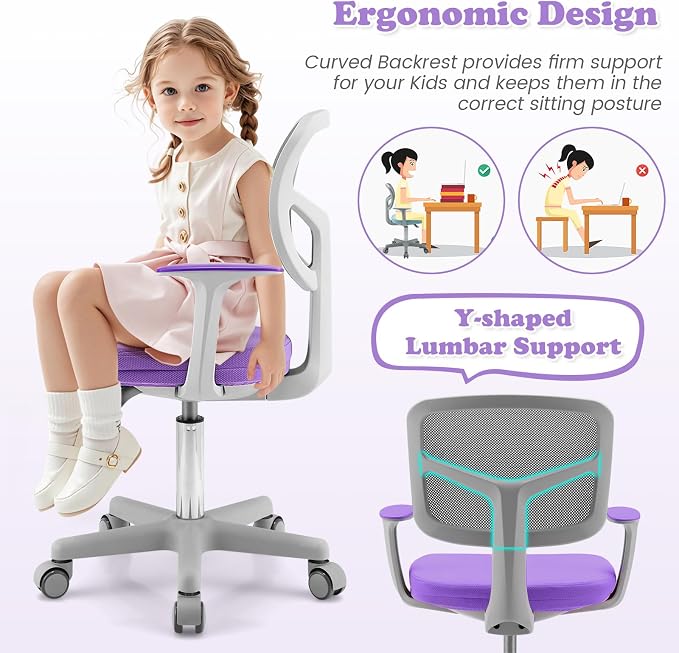 Giantex Kids Desk Chair, Ergonomic Adjustable Teen Task Chair w/Y-Shaped Lumbar Support, Armrest & Universal Wheels, Mesh Kid Office Chair for Sturdy, Kids Computer Chair for Boys Girls 4-12, Purple