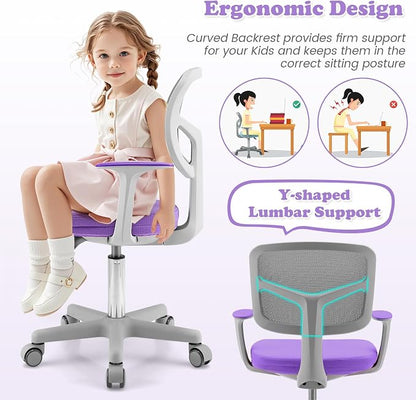 Giantex Kids Desk Chair, Ergonomic Adjustable Teen Task Chair w/Y-Shaped Lumbar Support, Armrest & Universal Wheels, Mesh Kid Office Chair for Sturdy, Kids Computer Chair for Boys Girls 4-12, Purple