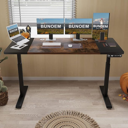 Height Adjustable Electric Standing Desk, 63x30 Height Stand Up Computer Desk,Sit and Stand Home Office Desk with Splice Board (Brown+Black Top, Black Frame)