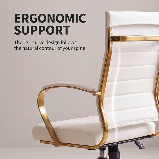 Okeysen Gold Office Desk Chair, Ergonomic Leather Modern Conference Room Chairs, Executive Ribbed Height Adjustable Swivel Rolling Golden Chair for Home Office.