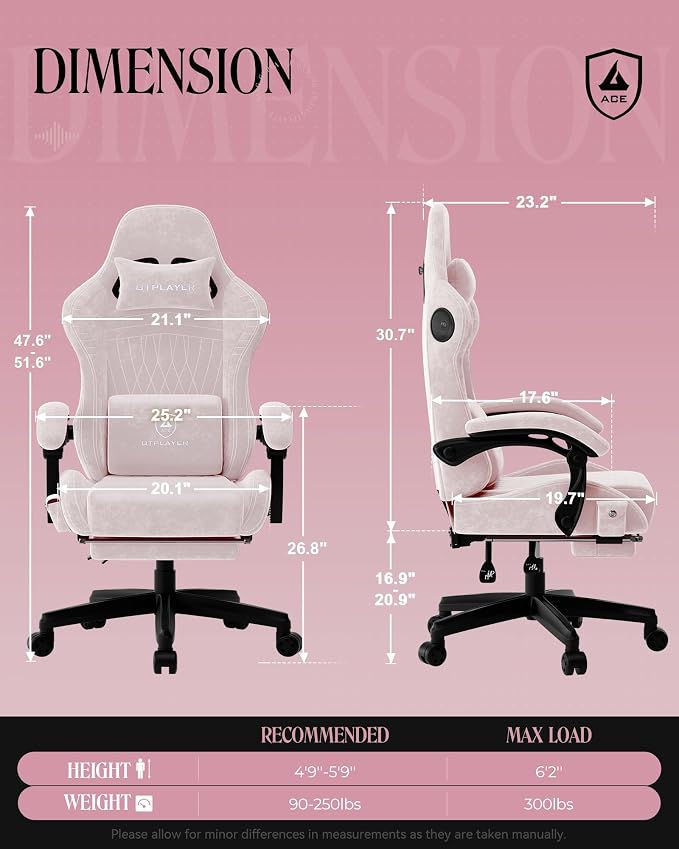 GTPLAYER Gaming Chair with Speakers, Video Game Chairs with Footrest, PC Gamer Chairs for Adults - Padded High Back Ergonomic Reclining Silla Gamer, Linkage Armrest, ACE Pro, Pink (Velvet)