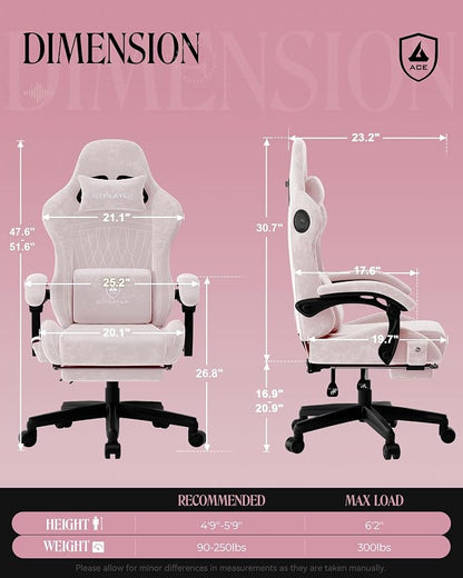 GTPLAYER Gaming Chair with Speakers, Video Game Chairs with Footrest, PC Gamer Chairs for Adults - Padded High Back Ergonomic Reclining Silla Gamer, Linkage Armrest, ACE Pro, Pink (Velvet)