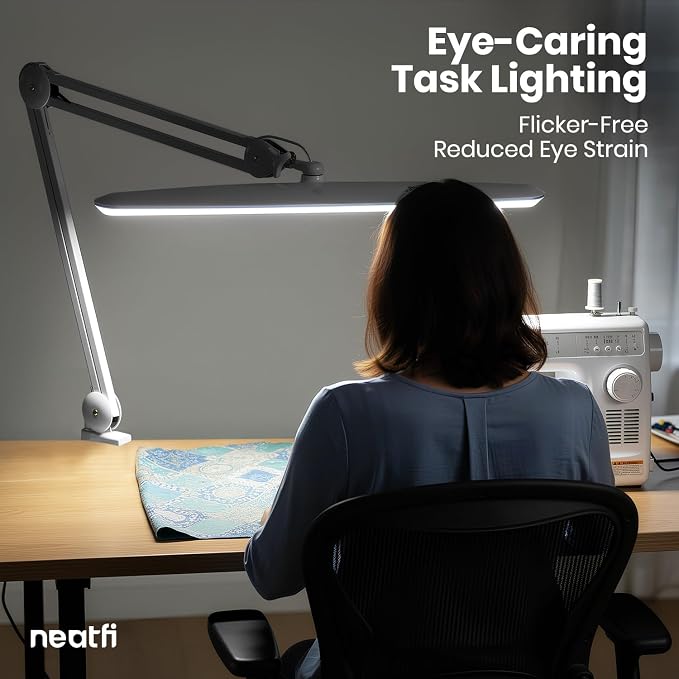 Neatfi XL 2,200 Lumens 24W LED Desk Lamp – 23” Wide Shade | Dimmable Eye-Caring Task Light | Adjustable Arm | Home Office, Study, Crafts & Nail Tech (Silver, Non-CCT with Clamp)