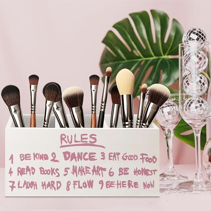 Inspirational Pink Rules Makeup Brush Toothbrush Holder Organizer for Dorm Bathroom Vanity, Trendy Preppy Pink Girly Wooden Pen Pencil Holder for Desk Accessories