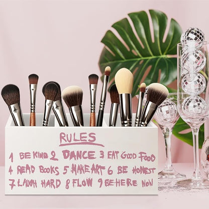 Inspirational Pink Rules Makeup Brush Toothbrush Holder Organizer for Dorm Bathroom Vanity, Trendy Preppy Pink Girly Wooden Pen Pencil Holder for Desk Accessories