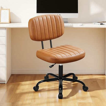 Swivel Rolling Office Chair, Armless Pu Leather Vanity Chair with Back Lumbar Support Height Adjustable Computer Chair, Small Desk Chair for Home Office, Brown