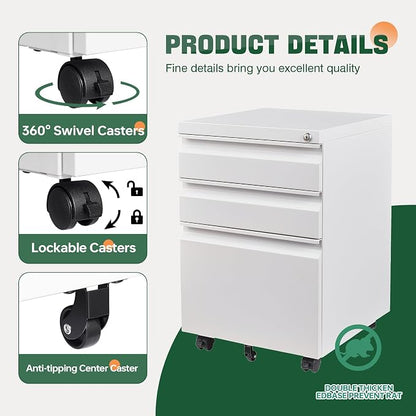 Letaya 3 Drawer Mobile File Cabinet with Lock, Under Desk Metal Filing Cabinets for Home Office Organizer Letters/Legal/A4(Fully Assembled-White)