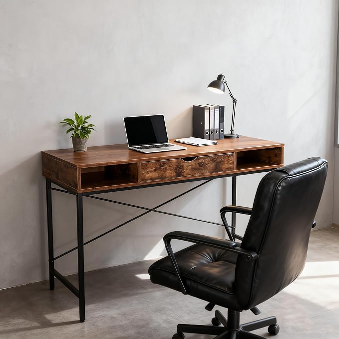 JJS 48' Writing Desk with Power Outlet, Home Office Contemporary Large Computer Desk Laptop Workstation with Drawer USB Ports Charging Station, Rustic Brown