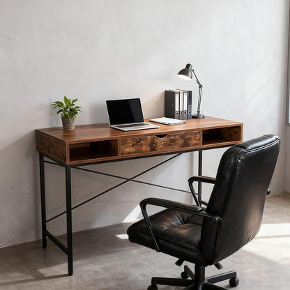 JJS 48' Writing Desk with Power Outlet, Home Office Contemporary Large Computer Desk Laptop Workstation with Drawer USB Ports Charging Station, Rustic Brown