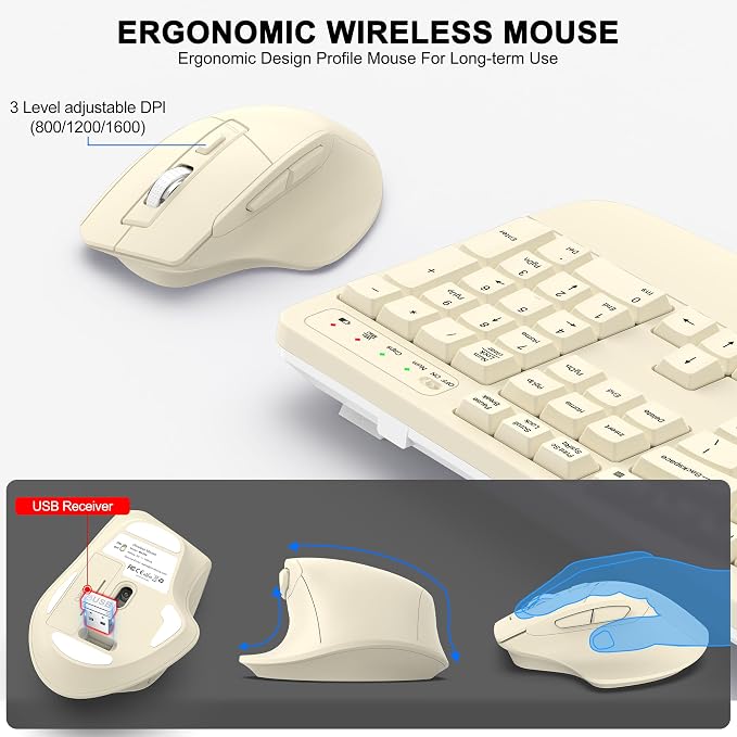 Wireless Keyboard and Mouse Combo, Ergonomic Wave Keys (Latte) | 2.4G Full Size Wave Keyboard with Wrist Rest, 3-Level DPI Adjustable Ergonomic Mouse for Windows and Mac OS Desktop/Laptop/PC