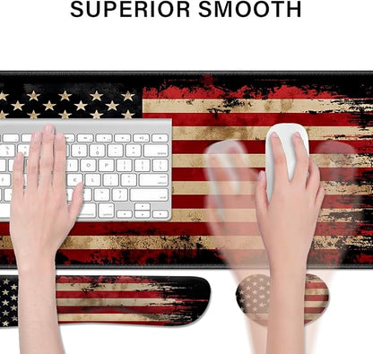 Desk Pad and Keyboard Wrist Rest, Large Mouse Pad + Keyboard Pad+Mouse Wrist Support, Non-Slip Desk Mat Protector for Office, Home 31.5×11.8 Inches National Flag