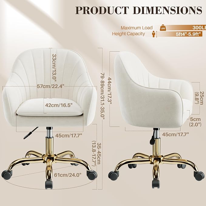 Vanity Chair with Wheels, Comfy Home Office Desk Chairs Adjustable Modern Velvet Makeup Vanity Chairs for Bedroom Living Room-Beige