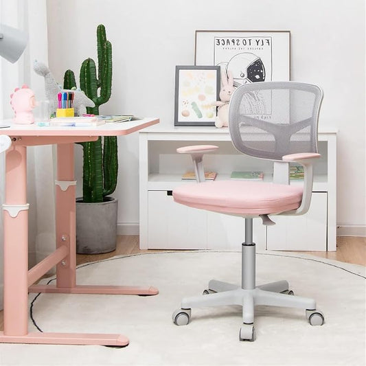 Kids Desk Chair, Height Adjustable Children Study Chair w/Lumbar Support, Swivel Mesh Seat, Universal Casters, Ergonomic Kids Task Chair for Boys Girls Aged 3-10, Home, School, Office (Pink)