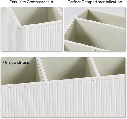 Desk Organizer Caddy with 5 Compartments for Office Art Supplies, PU Leather Nightstand Organizer Pencil Pen Desk Caddy for Home, Desktop TV Remote Control Holder Storage (Striped Ivory)