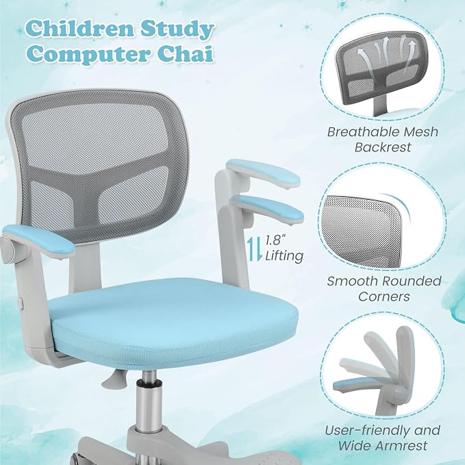 Giantex Kids Desk Chair, Ergonomic Adjustable Student Rolling Chair with Footrest & Flip-up Armrest, Mesh Children Office Chair with Universal Wheels, Kids Computer Chair for Boys & Girls, Blue