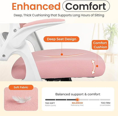 NEO CHAIR Office Chair Computer Desk Chair Ergonomic Gaming Comfy Mesh with Flip-up Arms Lumbar Support Adjustable Height Rolling Wheels for Home Office (Pink)
