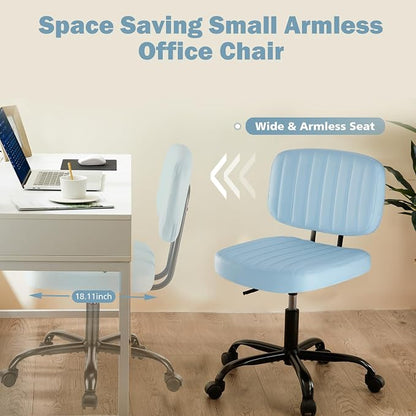DUMOS Armless Home Office Executive Chair: Small Desk Chair with Low Back Lumbar Support, Height Adjustable PU Leather Computer Task with 360° Swivel Wheels, for Adults, Blue
