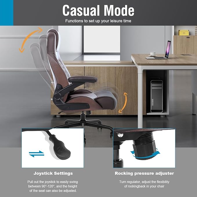 Flysky Executive Ergonomic Office Chair - Big and Tall Office Chair for Heavy People, PU Leather, Lumbar Support, Flip-up Armrest, High Back, Height Adjustable, Brown