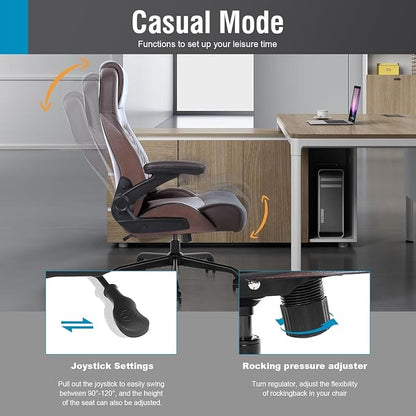 Flysky Executive Ergonomic Office Chair - Big and Tall Office Chair for Heavy People, PU Leather, Lumbar Support, Flip-up Armrest, High Back, Height Adjustable, Brown