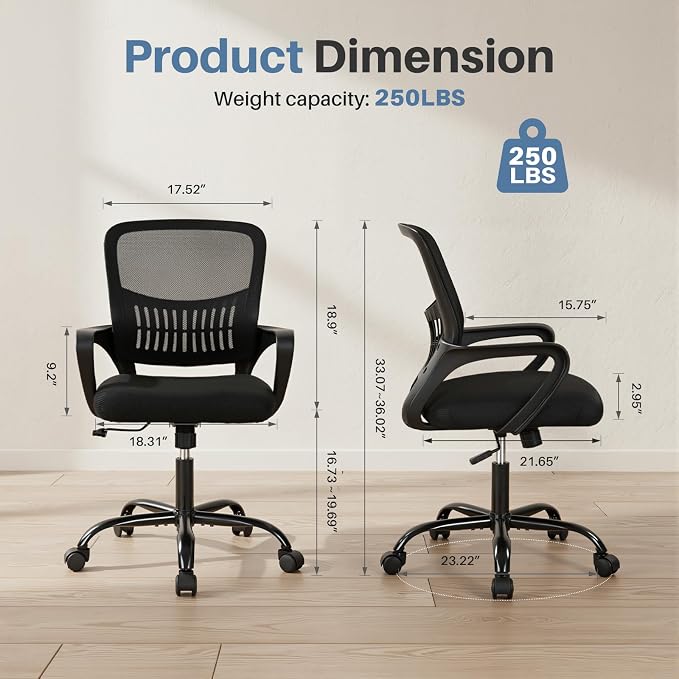 DUMOS Home Office Computer Chair - Ergonomic Mid Back Desk with Lumbar Support and Rocking Mode, Height Adjustable with Fixed Armrest, for Conference Meeting Room, 360° Swivel, Adults, Black