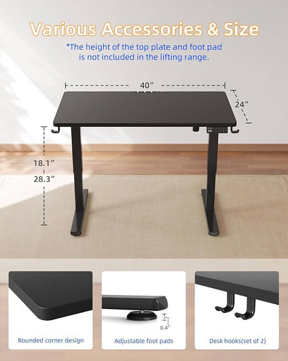 YIHAYO One-Piece Low Height Adjustable Desk, Lifts 18.1-28.3 Inches, Electric Standing Desk for Short People, 40 x 24 Inches Computer Table with Splice Board for Home Office, Black