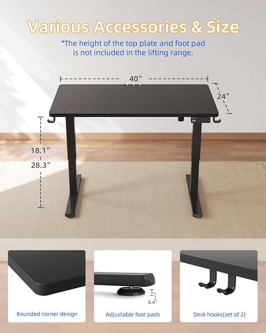 YIHAYO One-Piece Low Height Adjustable Desk, Lifts 18.1-28.3 Inches, Electric Standing Desk for Short People, 40 x 24 Inches Computer Table with Splice Board for Home Office, Black