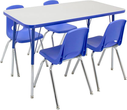 FDP Rectangle Activity School and Office Table (24 x 48 inch), Standard Legs with Swivel Glides, Adjustable Height 19-30 inches; Quick Ship Single Box - Gray Top and Blue Edge