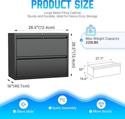Greenvelly 2 Drawer File Cabinet, Black Lateral File Cabinet with Lock,Metal Filing Cabinet for Home Office, Lockable File Cabinets for Legal/Letter/A4/F4 Size with Hanging Files&Key