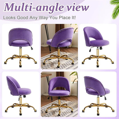 VINGLI Modern Velvet Small Office Chair,Cute Desk Chair with Wheels,Gold Base/Studs, Comfy Armless Swivel Vanity Task Chair for Women/Girl/Kids, Nail Tech Chair for Bedroom,Small Space,Violet Purple