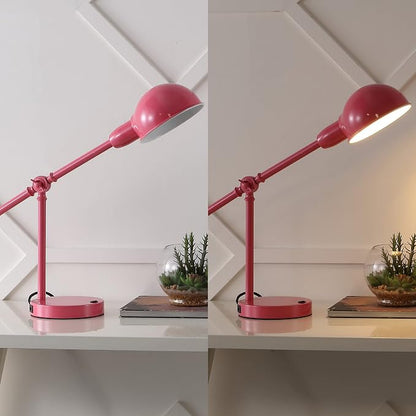 JONATHAN Y 20.25" Pink Vintage Industrial Iron Adjustable Task Lamp with USB Charging Port for Office Desk, Metal Yellow Dome Shade, LED Bulb Included (JYL7123D)