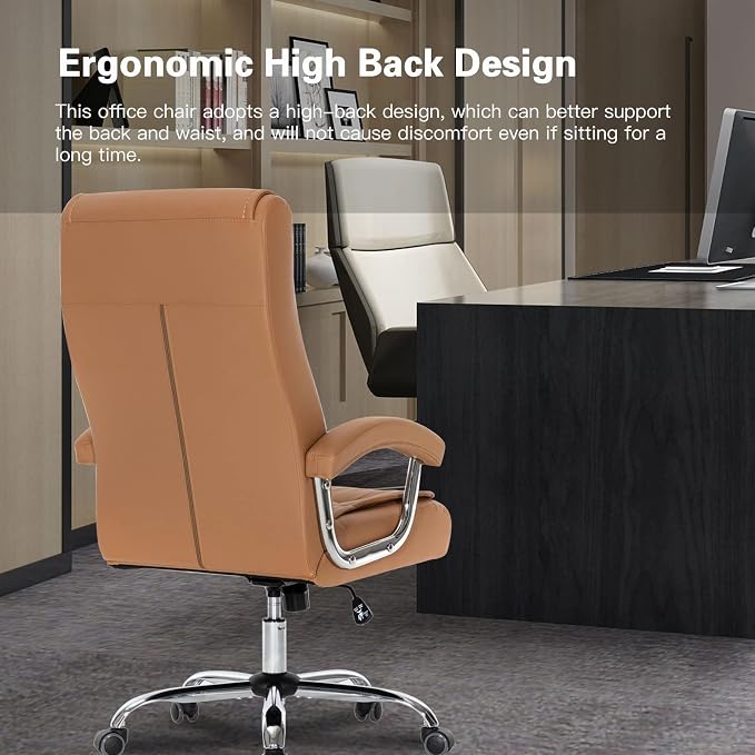 Executive Office Chair Adjustable Leather Chair High Back Swivel Office Desk Chair with Padded Armrest 350lbs Load-Bearing Spring Seat Computer Desk Chair for Home Office, Khaki