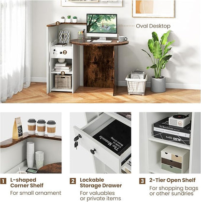 Giantex Reception Desk, Front Counter Desk with Lockable Drawer, Checkout Table with Round Tabletop, Corner Shelf & Adjustable Shelf for Office Beauty Salon Retail Store (White & Brown)