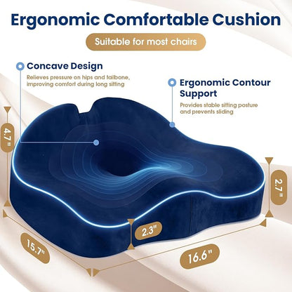 Seat Cushion,Thick Memory Foam Cushions for Office Chair, Car Seat, Airplane, Relieving Pressure Tailbone Sciatica Back Pain for Long Sitting Office Workers, Car Drivers Blue