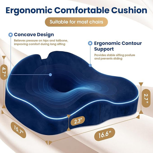 Seat Cushion,Thick Memory Foam Cushions for Office Chair, Car Seat, Airplane, Relieving Pressure Tailbone Sciatica Back Pain for Long Sitting Office Workers, Car Drivers Blue