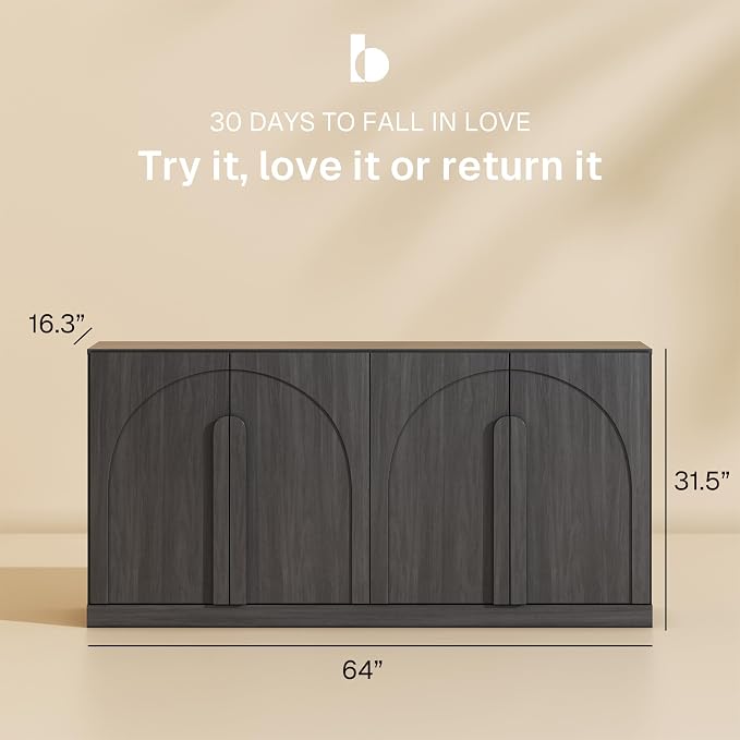 BELLEZE 64" Kitchen Storage Cabinet with Adjustable Shelves, Freestanding Accent Cabinet with Arch Wood Doors for Living Room, Dining Room, Entryway, Ebony