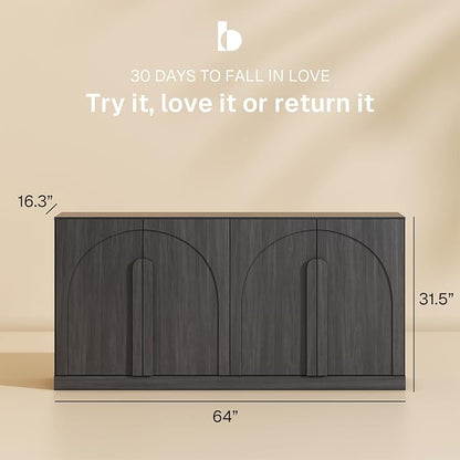 BELLEZE 64" Kitchen Storage Cabinet with Adjustable Shelves, Freestanding Accent Cabinet with Arch Wood Doors for Living Room, Dining Room, Entryway, Ebony