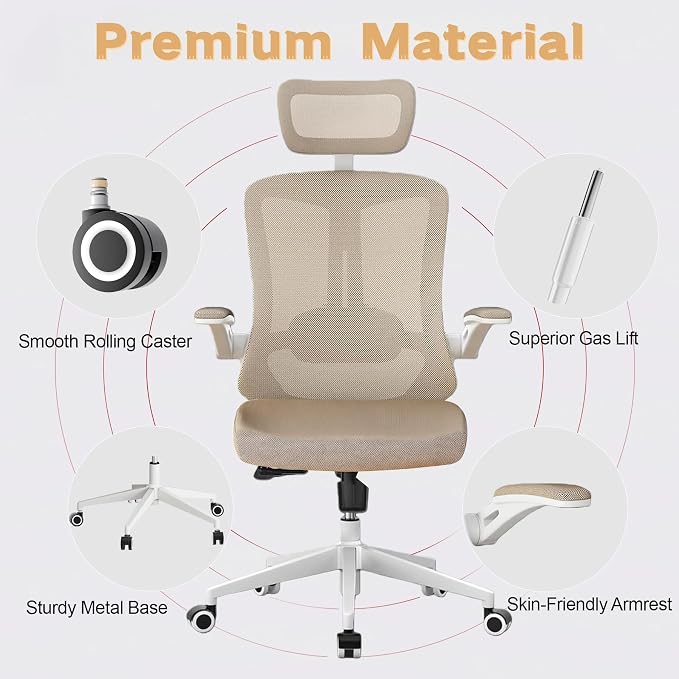 Ergonomic Office Chair - 350LB Comfy Desk Chairs with Adjustable Headrest and Lumbar Back Support, Mesh Computer Chairs with Wheels and Arms for Home Office, Study (Khaki-with Headrest)