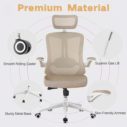 Ergonomic Office Chair - 350LB Comfy Desk Chairs with Adjustable Headrest and Lumbar Back Support, Mesh Computer Chairs with Wheels and Arms for Home Office, Study (Khaki-with Headrest)
