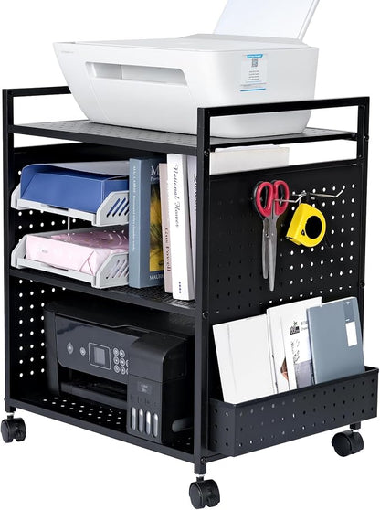 Mythinglogic 3-Tier Rolling Printer Stand with Adjustable Height, Metal Office Organizer Cart, DIY Panels, Lockable Wheels for Home, Office, Kitchen, Gaming