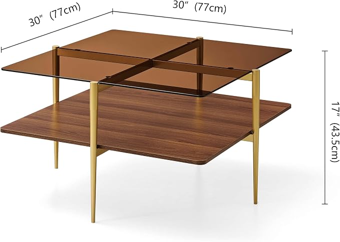LumFurn Square Coffee Table, Mid-Century Modern Design, L30 x W30 x H17 Inch, for Living Room, 2-Tier Structure, Amber Glass Top and Walnut Wood Shelf, Sleek Conical Metal Legs with Gold Finish