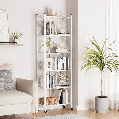 ALANNG 73.6 Inch Folding Bookshelf, 6 Tier Metal Bookcase and Bookshelves, Tall Shelves for Living Room Office Bedroom, Heavy Duty Book Shelve Free Standing Open (White, 2PACK)