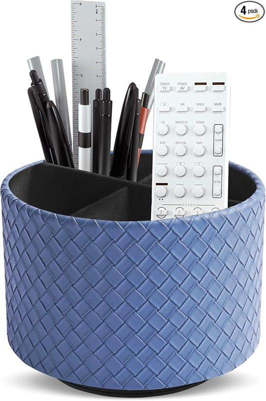 Round Leather Art Supply Organizer,Remote Control Holder,360 Degree Spinning,Multi-Functional Pencil Holder,4 Compartments Desktop Stationary Organizer(1-Weave Blue)