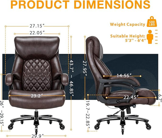 Big and Tall Office Chair for Heavy People, 500LBS High Back Extra Wide Heavy Duty Executive Office Chair Comfortable for Home Office, Large Computer Desk Chair with Adjustable Lumbar Support Brown