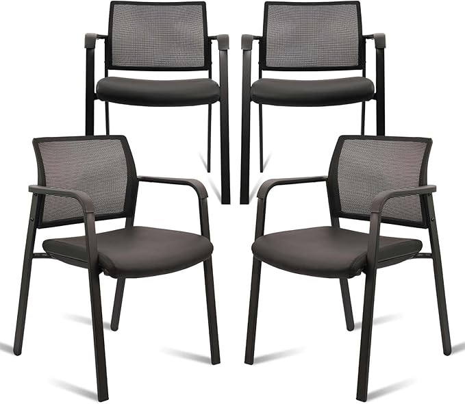 CLATINA Stackable Office Chair, Mesh Back Guest Chairs with Comfortable Leather Seat Arms Stacking Ergonomic Desk Chair No Wheels for Conference Waiting Reception School Stationary, Black, Set of 4