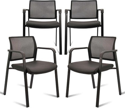 CLATINA Stackable Office Chair, Mesh Back Guest Chairs with Comfortable Leather Seat Arms Stacking Ergonomic Desk Chair No Wheels for Conference Waiting Reception School Stationary, Black, Set of 4