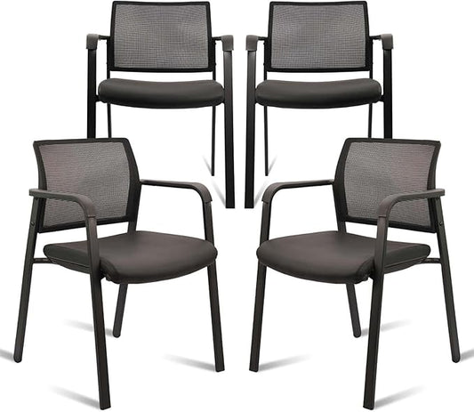 CLATINA Stackable Office Chair, Mesh Back Guest Chairs with Comfortable Leather Seat Arms Stacking Ergonomic Desk Chair No Wheels for Conference Waiting Reception School Stationary, Black, Set of 4