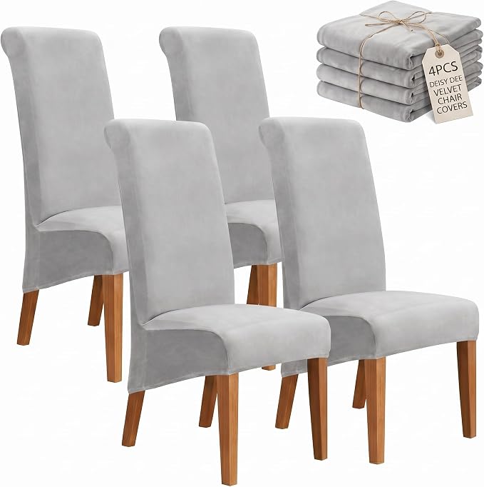 Deisy Dee Stretch XL/Oversized Extra Large Velvet Dining Room Chair Covers for Kitchen Dining，Removable Washable Chair Protectors Slipcovers (Sliver, 4)